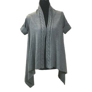 NEW YORK CO Cardigan MED Gray Long Open Drape Cable Knit Short Sl Washable WARM
